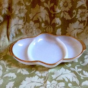 Fire king divided dish milk glass with gold edging